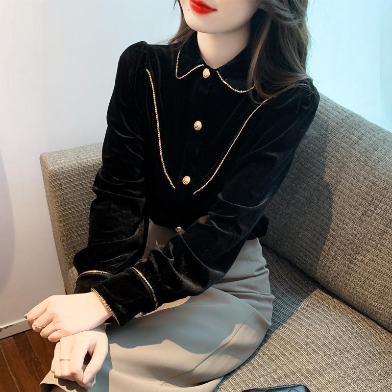 加绒加厚2023秋冬新款翻领显瘦毛绒衬衫女设计感小众毛绒打底衫