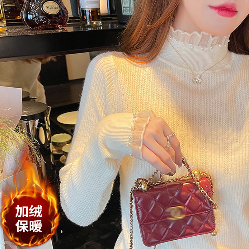 小香风珍珠半高领加绒打底衫女秋冬加厚修身毛衣内搭针织上衣外穿