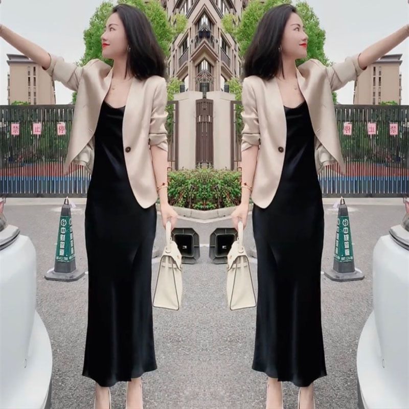 网红爆款时尚西服套装裙女2023夏季新款高端醋酸显瘦外套+吊带裙