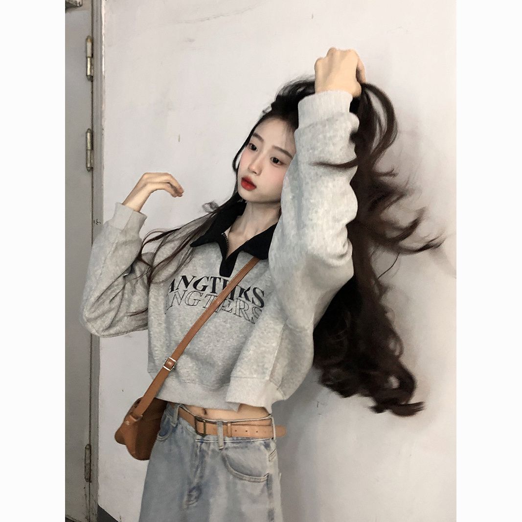 T撞色POLO领套头字母印花加绒卫衣女秋冬季新款宽松显瘦短款上衣