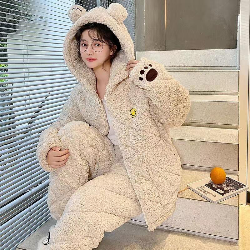 冬季三层夹棉珊瑚绒睡衣女新款加厚加绒法兰绒家居服套装可外穿JX