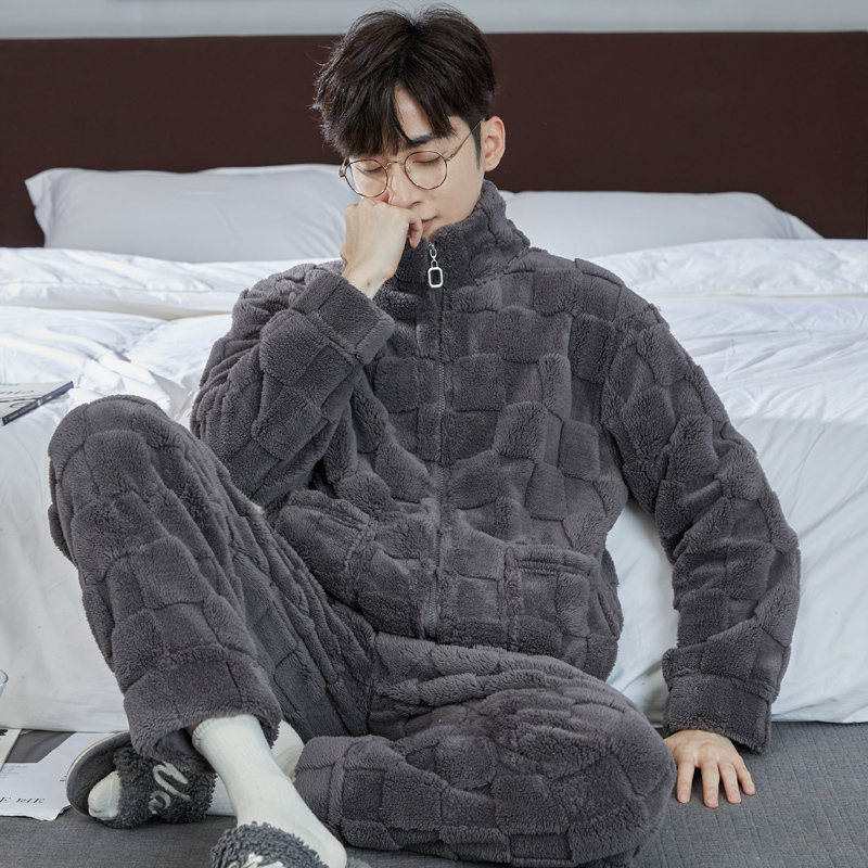 秋冬季男士珊瑚绒睡衣套装加厚加绒长袖保暖冬天法兰绒家居服JX