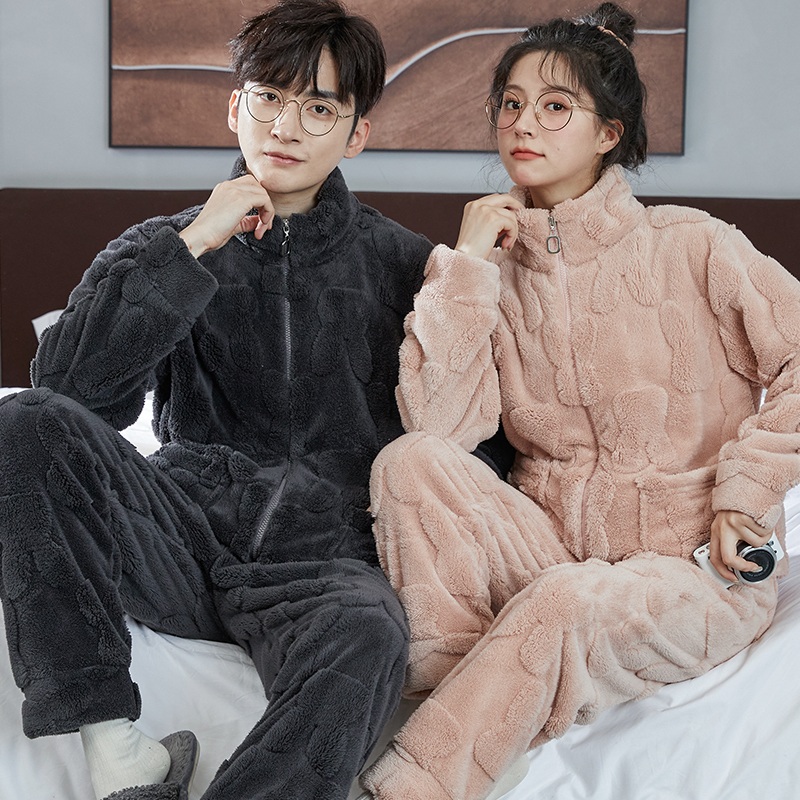 秋冬季情侣珊瑚绒睡衣男套装加厚加绒长袖保暖法兰绒家居服女JX