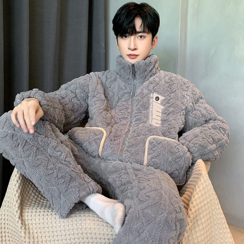 冬季三层夹棉男士珊瑚绒睡衣套装加厚加绒暖法兰绒家居服可外穿JX