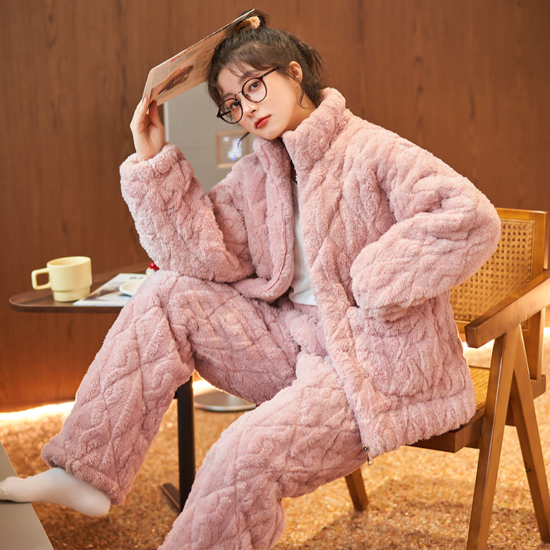 冬季三层夹棉珊瑚绒睡衣女加厚加绒法兰绒家居服套装可外穿JX