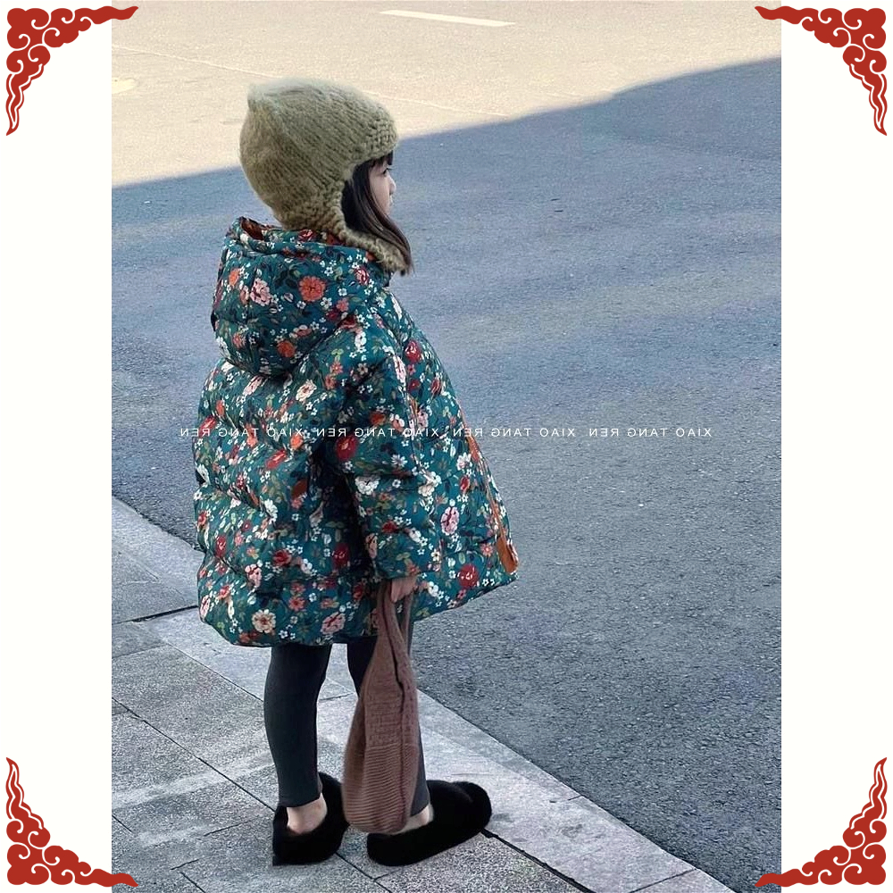 童装2023冬季新款女童碎花棉服女孩洋气连帽外套宝宝保暖气质棉袄