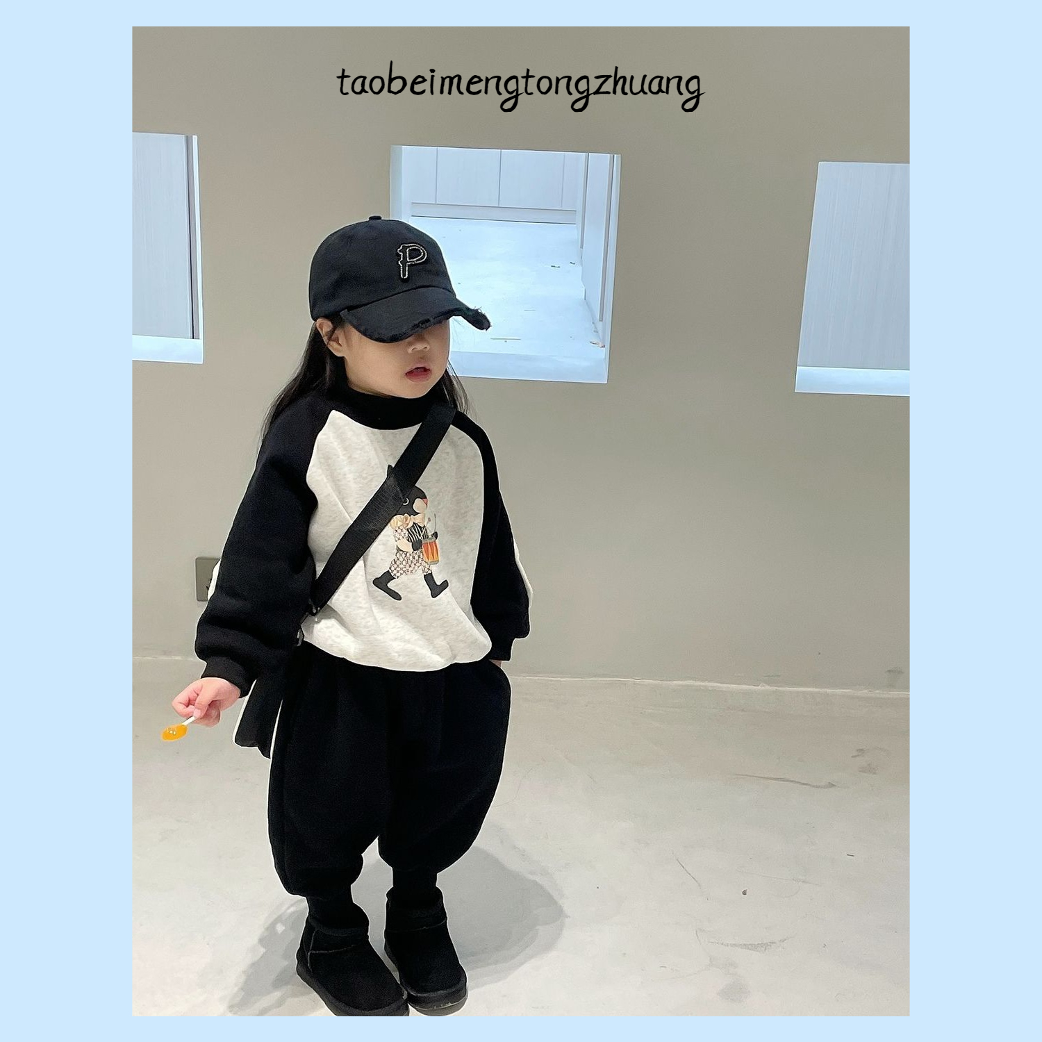 儿童洋气插肩袖卫衣保暖加绒卫裤男宝女童加厚休闲套装幼儿园冬装