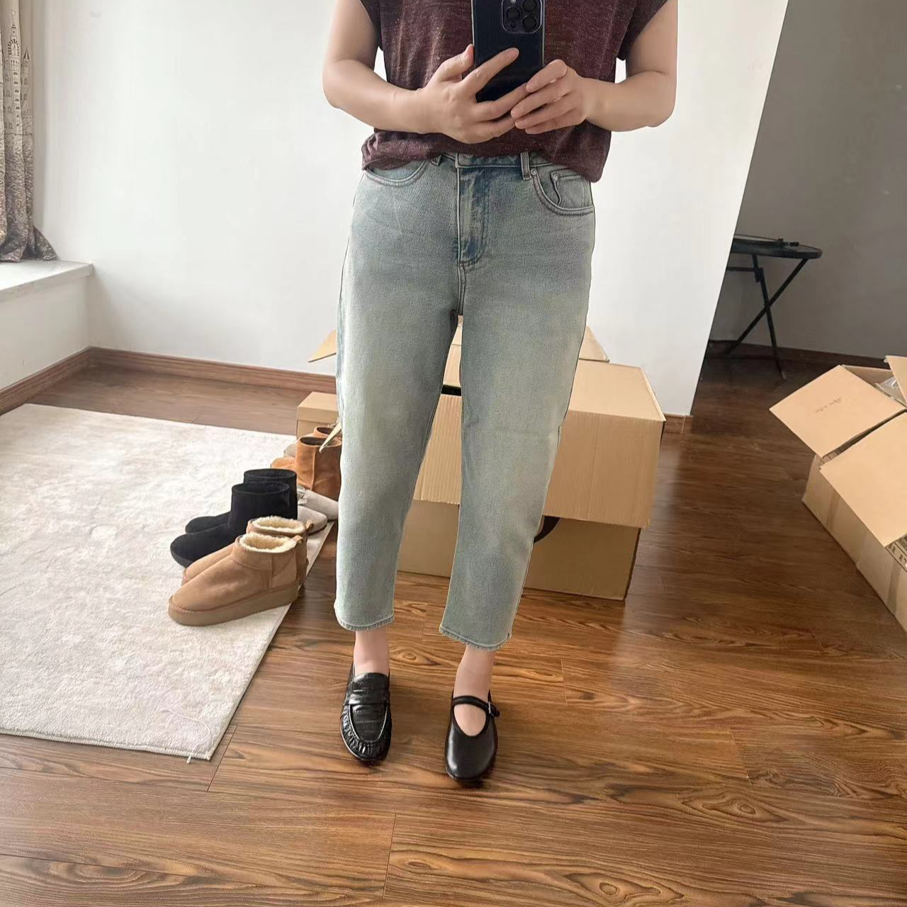 设计师系列 男友风格斜门襟廓形显瘦九分牛仔裤锥形裤