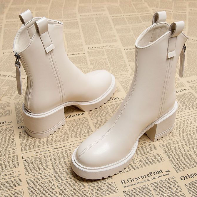 冬季回力休闲软皮高跟马丁靴白色新款舒适百搭粗跟爆款时加绒靴