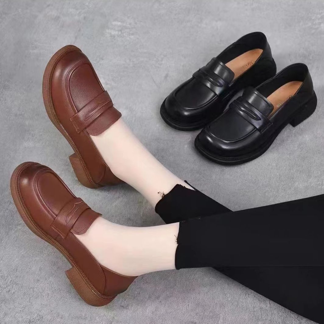 春秋季回力休闲日系圆头粗跟单鞋一脚蹬中跟乐福鞋厚底松糕小皮鞋