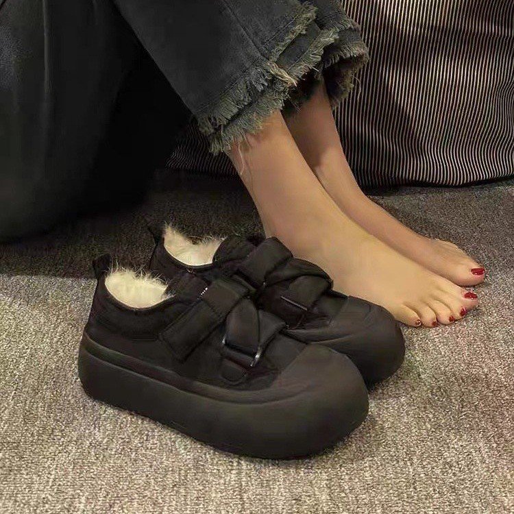冬季回力休闲面包鞋女2024新款丑萌冬加绒棉厚底松糕魔术贴小白鞋