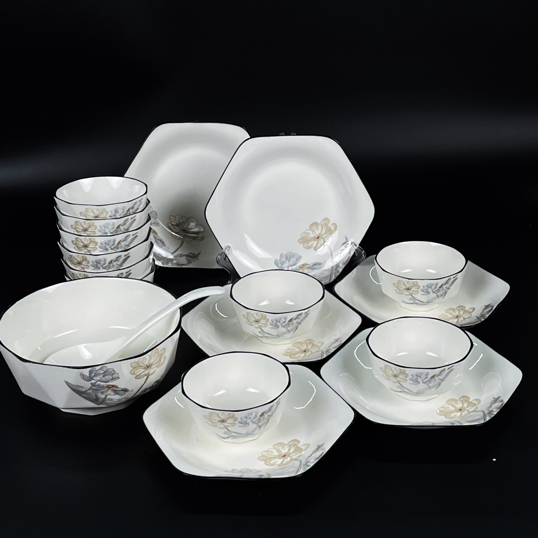 爱莲说18件套（4.5碗10个+8.5六角盘6个+大汤碗1个+大汤勺1个）