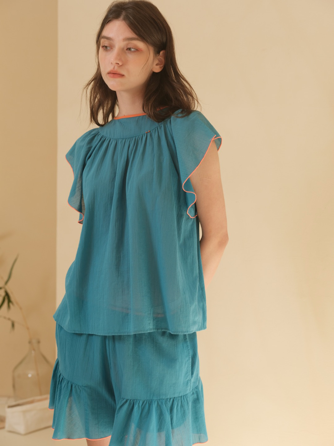 朵朵可可睡衣女2024夏季纯棉撞色圆领荷叶袖甜美风短袖短裤家居