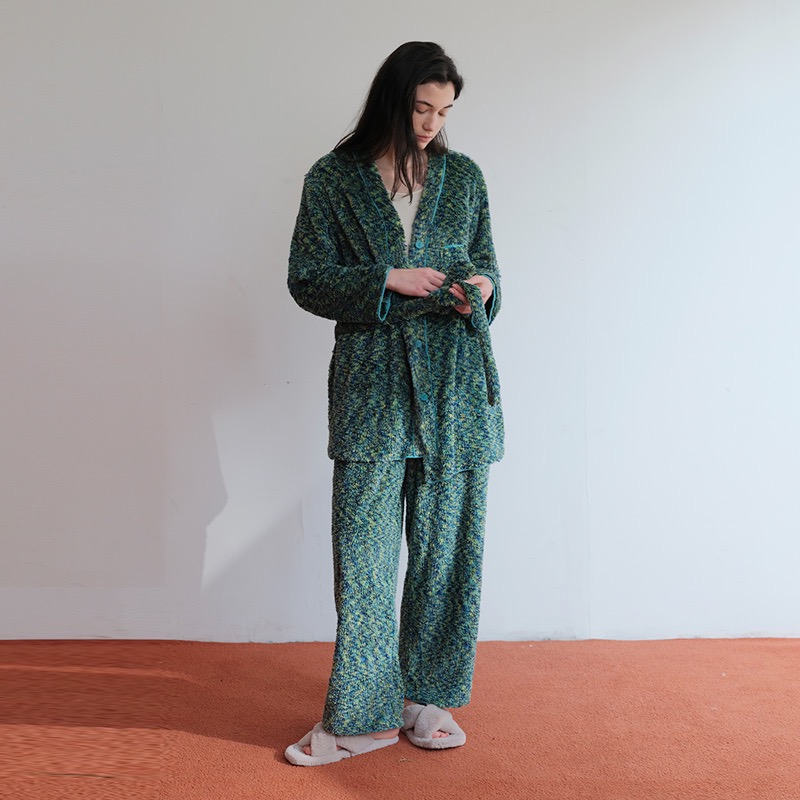 朵朵可可睡衣女冬23秋冬新款双面绒V领开衫保暖舒棉绒居家套装054