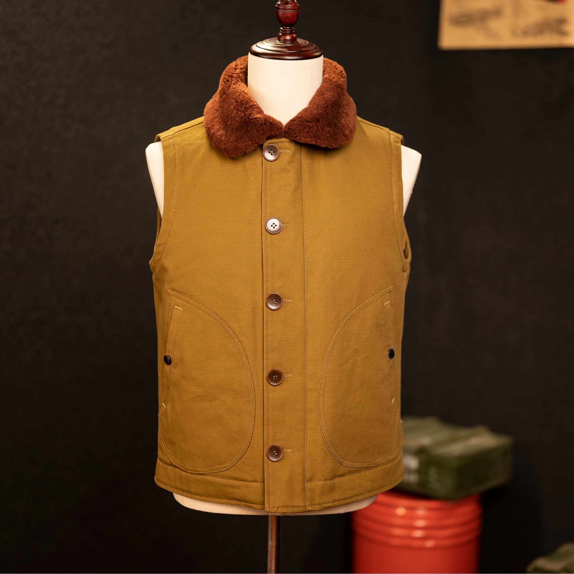 美式复古军旅风马甲N1甲板马甲原生态皮毛一体内胆阿美咔叽风秋冬