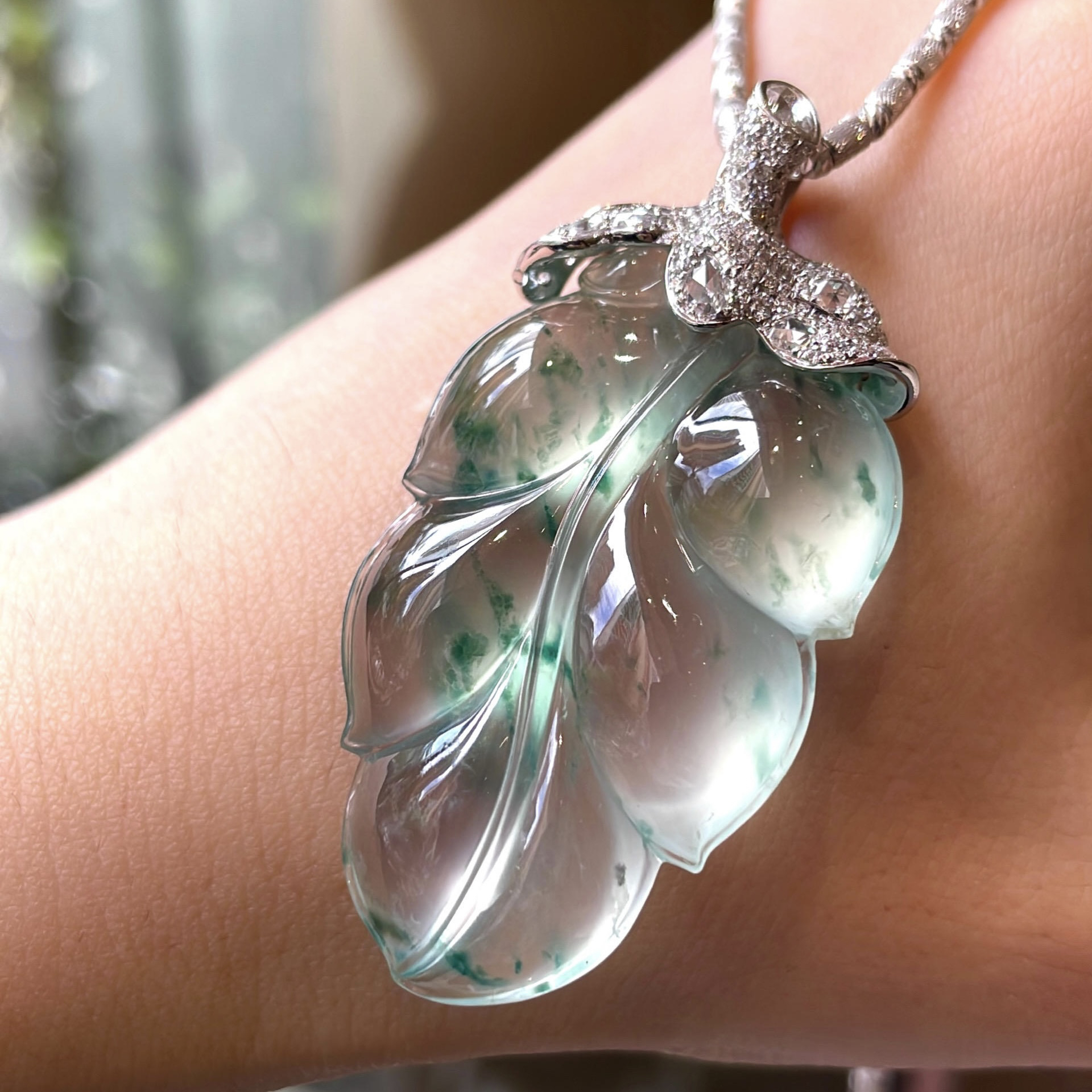 【标价非实价】静玥翡缅甸翡翠A货18k金南非钻镶嵌 叶子吊坠4150407