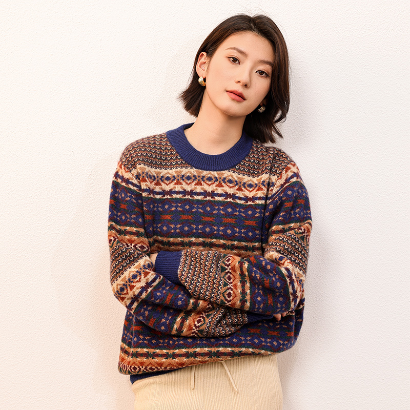 SHOKAY【董生活同款】重磅费尔岛提花100%牦牛绒加厚款圆领毛衣