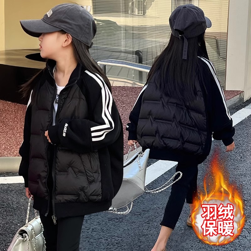 女童羽绒服轻薄冬季2024新款洋气儿童拼接卫衣外套校服神器中大童
