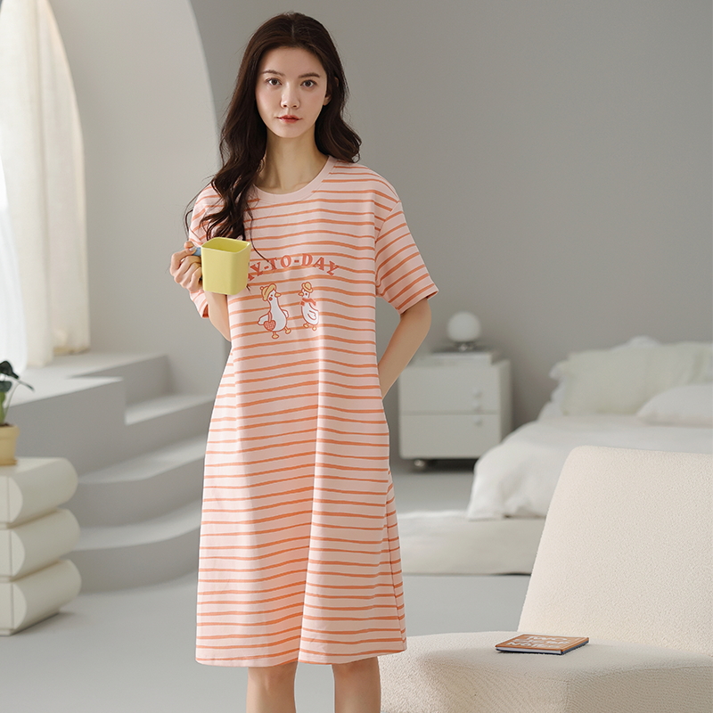 2024夏季女士高品质纯棉连衣裙睡裙家居服 短袖中长款 时尚 休闲