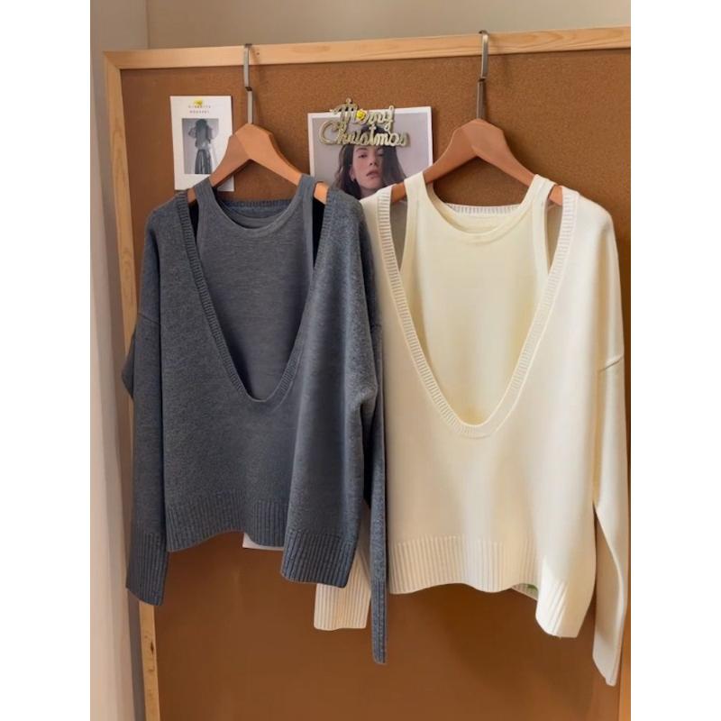 韩系穿搭圆领套头针织衫秋季2023新款女装宽松显瘦长袖上衣两件套