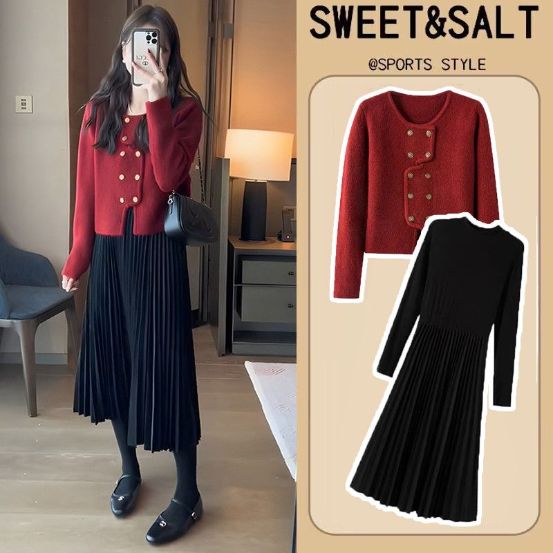 大码胖秋冬法式复古设计感双排扣毛衣外套连衣裙两件套装200斤