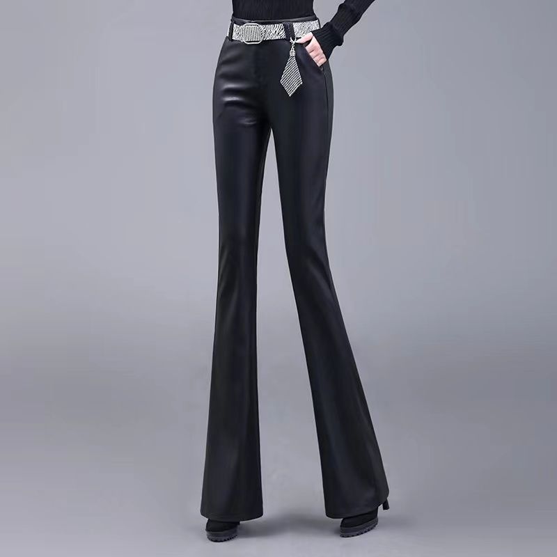 真皮皮裤微喇叭裤弹力修身气质洋气秋冬高腰显瘦加绒外穿阔腿裤女