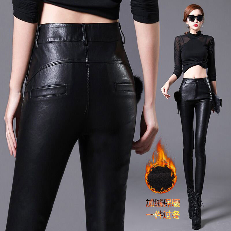 保暖修身真皮皮裤女绵羊皮显瘦紧身纯皮加绒宽松冬季外穿打底裤女
