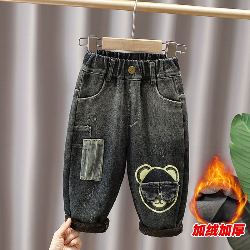 巴拉巴拉男童牛仔裤一体绒2023新款儿童秋冬款加绒裤子男孩加冬季