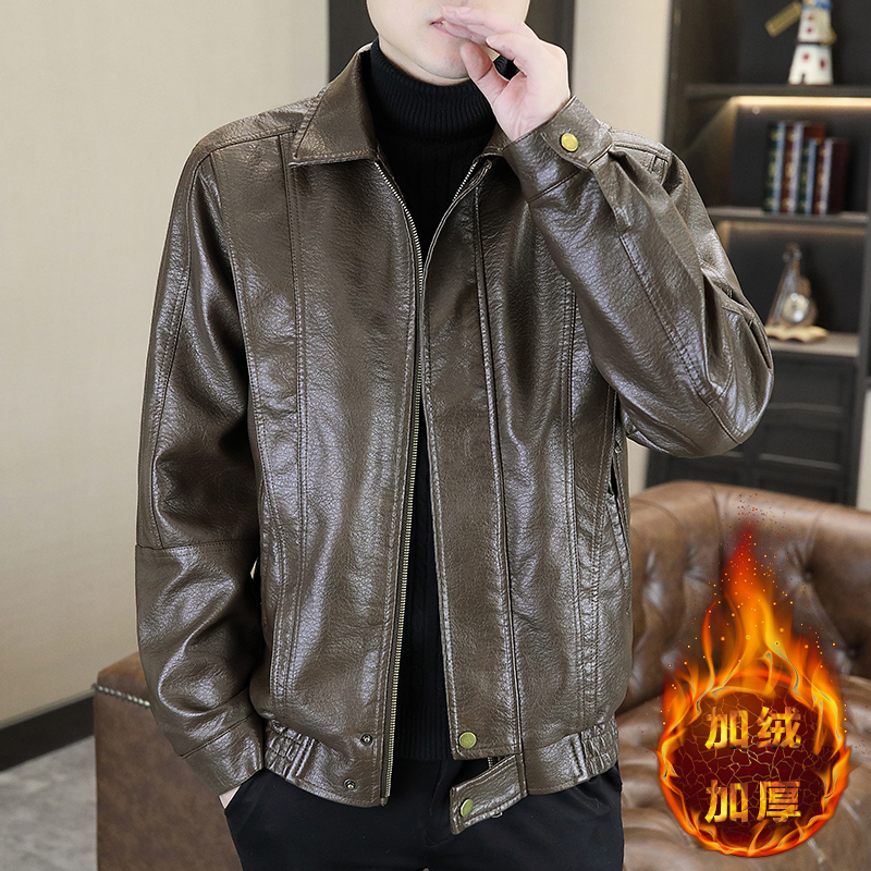 2024新款翻领皮衣外套男士修身百搭帅气青年加绒加厚休闲夹克