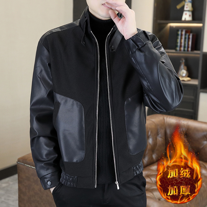 2024新款立领皮衣外套男士修身拼接百搭帅气青年加绒加厚休闲夹克