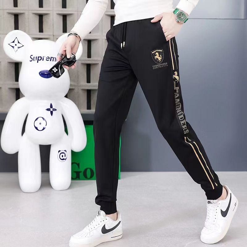 潮牌欧货休闲裤男秋季运动裤修身卫裤时尚男士百搭刺绣束脚小脚裤