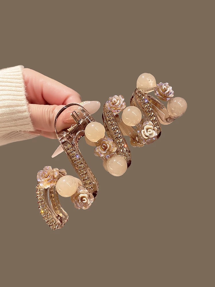 A约11cm波浪山茶花朵发夹女高级感小众新款鲨鱼夹子头饰发卡1687