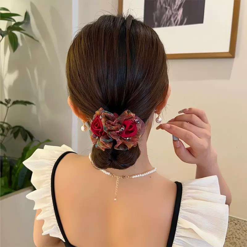 双花发圈大肠圈高端扎头发绳头绳高弹力丸子头盘发头花头饰2242