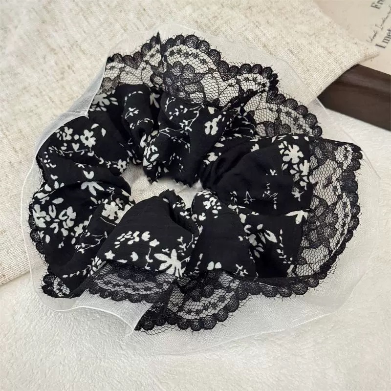 A国风蕾丝花边大肠发圈层次感布艺女发绳重工气质简约马尾1924