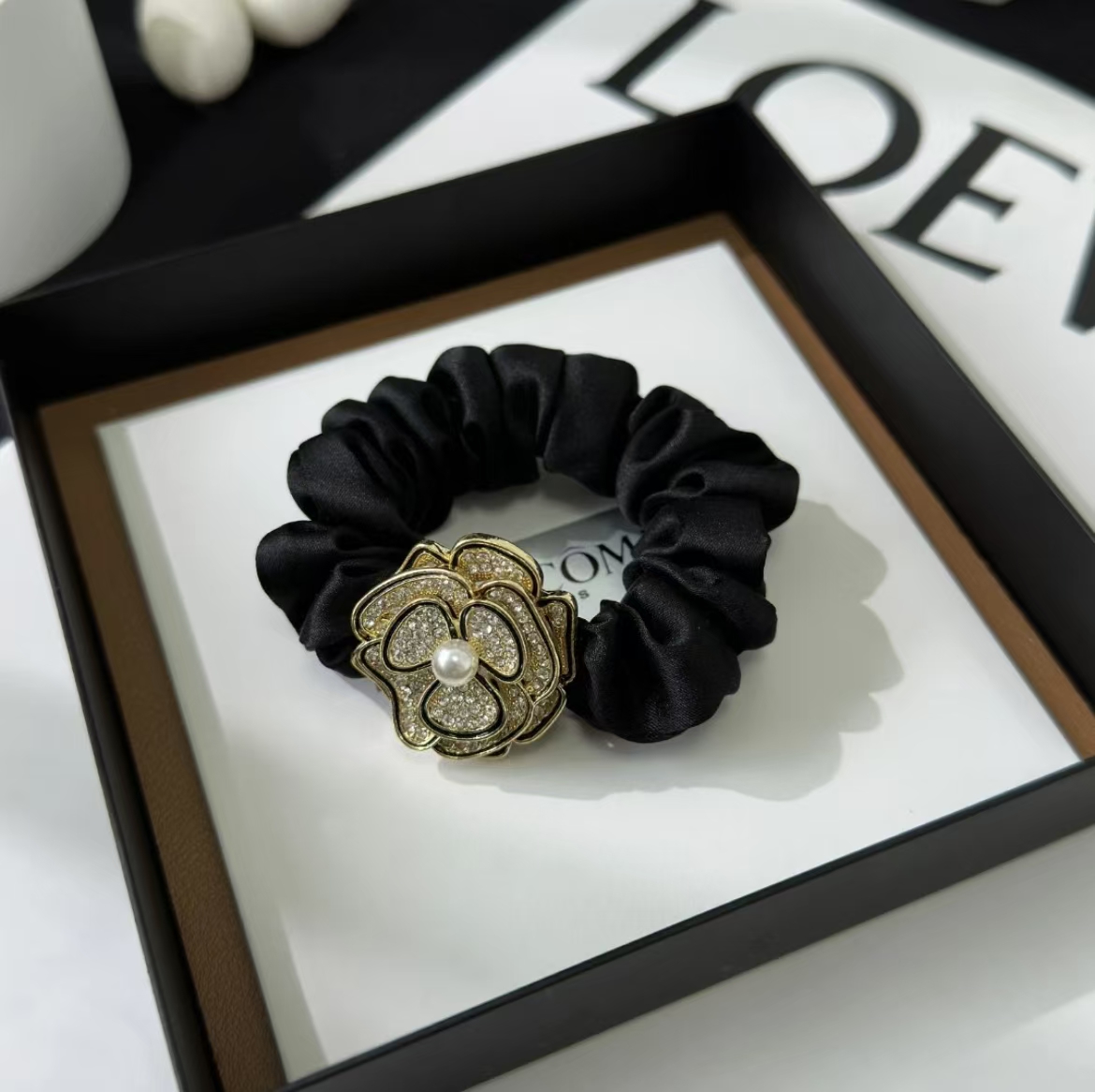 2条装～无痕发圈女新款高弹力黑色桑蚕丝山茶花发圈缎面1805