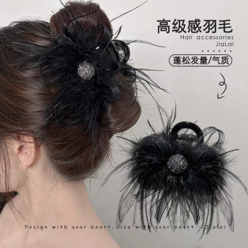 XY高级感羽毛水钻蝴蝶结抓夹后脑勺盘发夹百搭鲨鱼夹子发饰1340