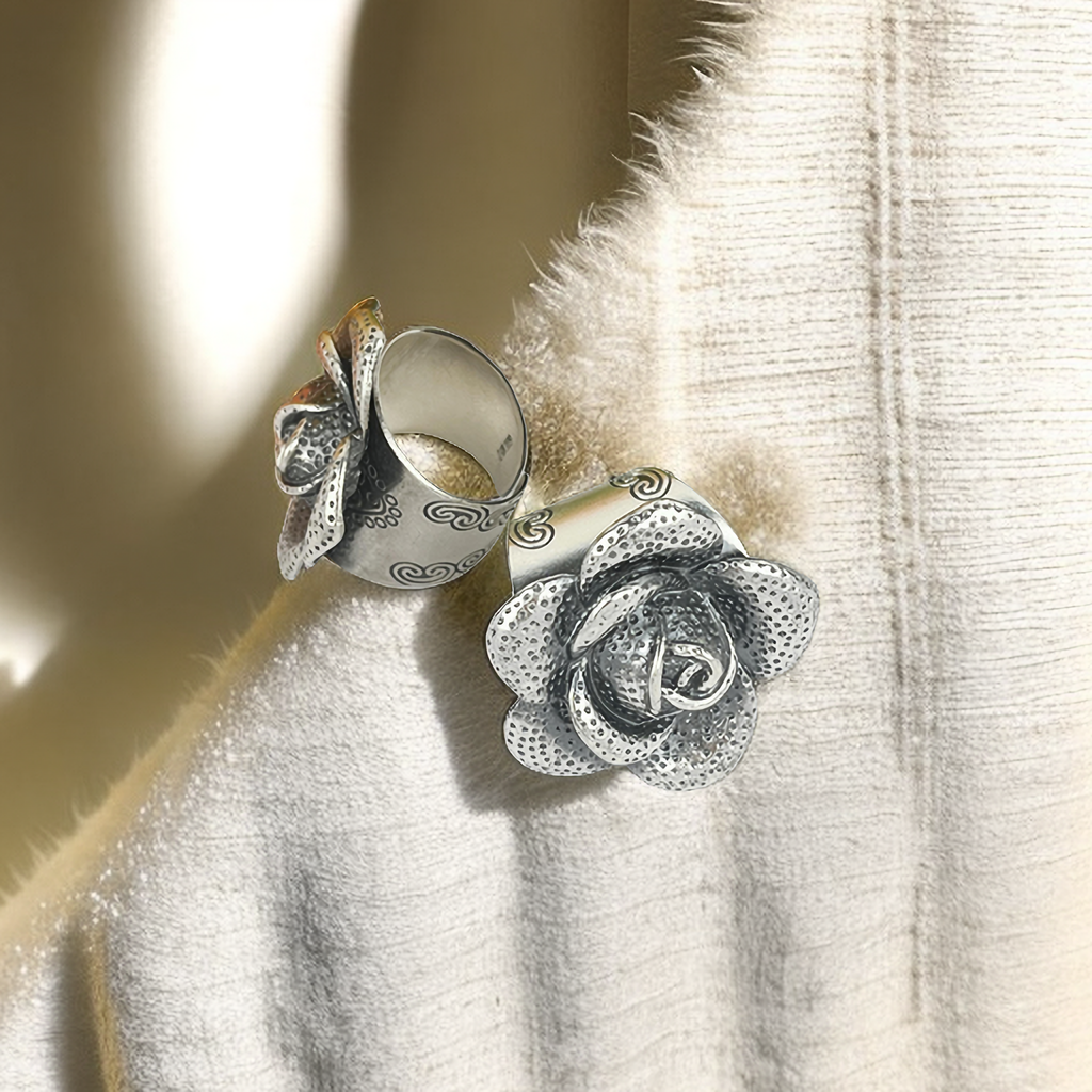 足银戒指 【如意】足银牡丹花大戒指气质时尚饰品复古法式百搭轻奢