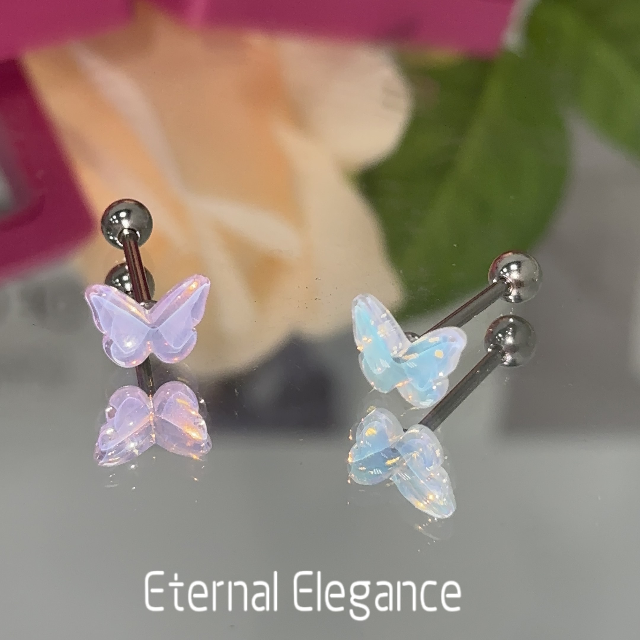 钛钢亚克力耳饰 清透镭射蝴蝶舌钉 钛钢外牙亚克力 舌环舌头钉