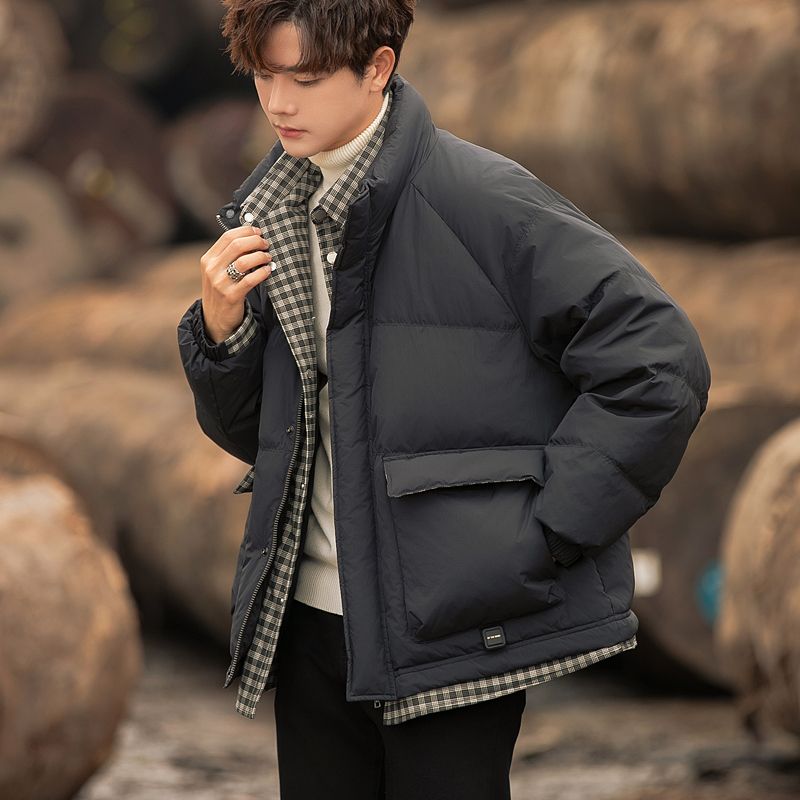 格子拼接假两件羽绒服男2023冬季潮牌立领加厚保暖白鸭绒短款外套