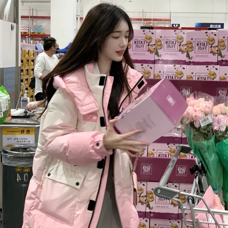 粉色渐变时尚甜美连帽工装棉服女冬季新款韩版宽松学院风加厚棉袄