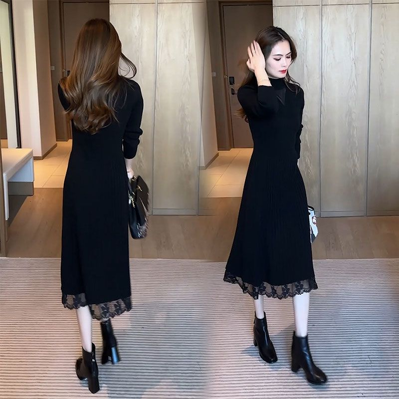 中长款配大衣秋冬装新款2025修身气质百搭黑色显瘦裙子针织连衣裙