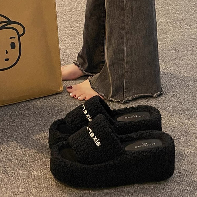 红蜻蜓牌小个子毛毛拖鞋女2023秋冬季新款坡跟增高厚底外穿一字