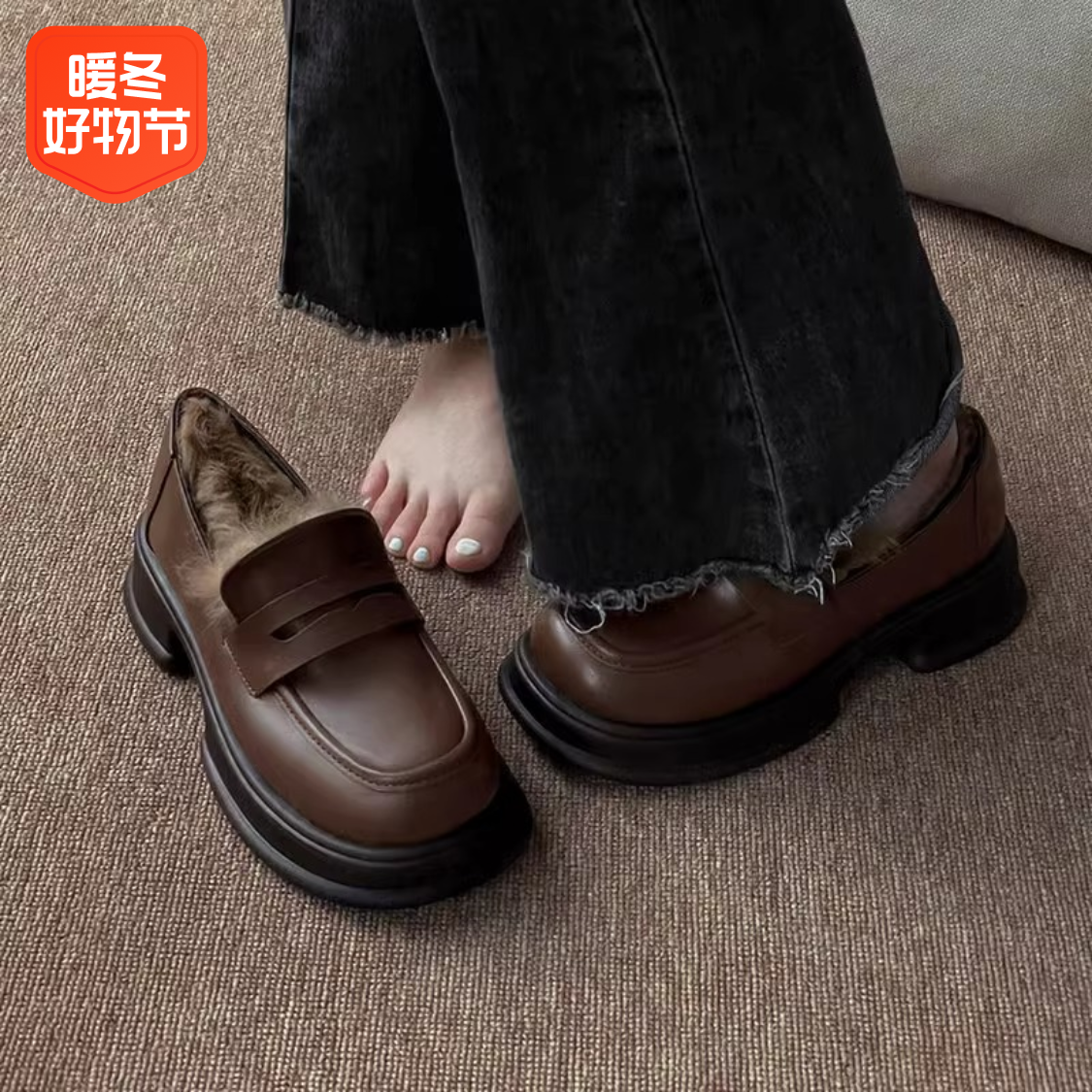 红蜻蜓牌毛毛鞋女2023年新款秋冬加绒保暖厚底增高英伦风小皮鞋