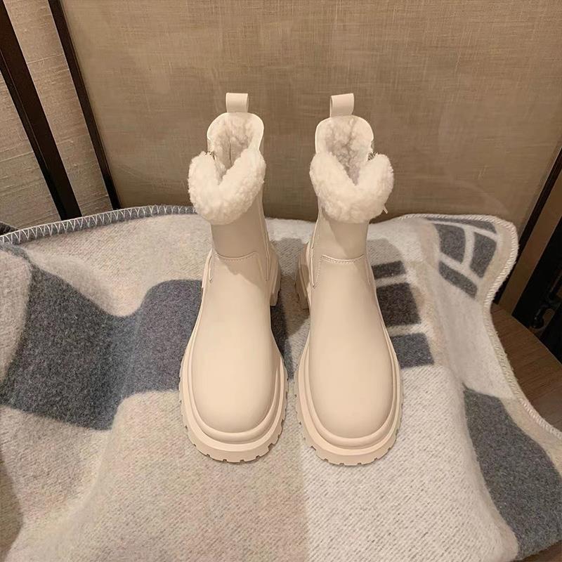 红蜻蜓牌白色雪地靴女皮毛一体冬季厚底加绒加厚中筒马丁短靴棉