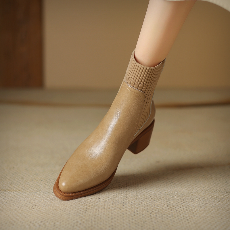 红蜻蜓牌5cm【34-40码】2023年复古粗跟百搭短靴女真皮高跟秋冬