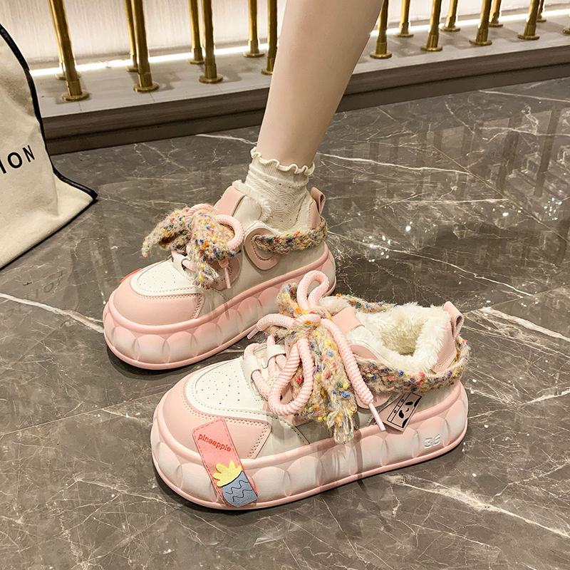 红蜻蜓牌多巴胺彩色厚底小白鞋女松糕底秋冬新款加绒丑萌面包鞋