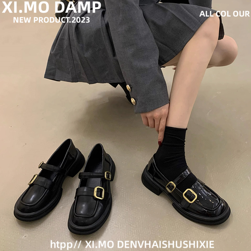 红蜻蜓牌英伦风小皮鞋女2023新款春秋季复古玛丽珍女鞋乐福鞋黑