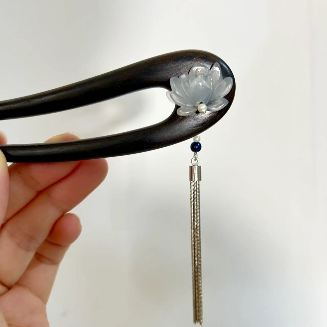 U型檀木莲花流苏双面发簪双钗古风簪子日常发簪子古典