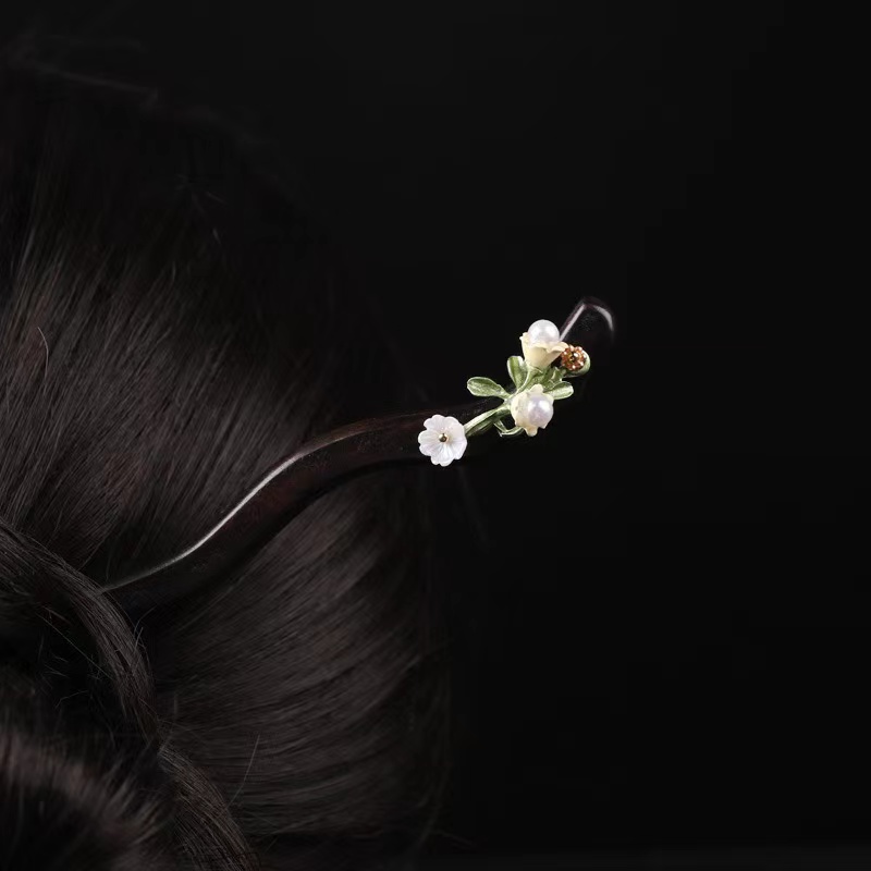 露思同款檀木百合花发簪双面手工简约日常清新发簪子