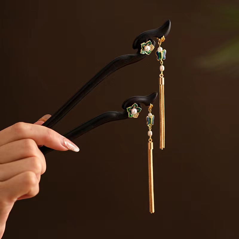 檀木发簪蝶恋花流苏发簪时尚新中式日常国风气质盘发簪